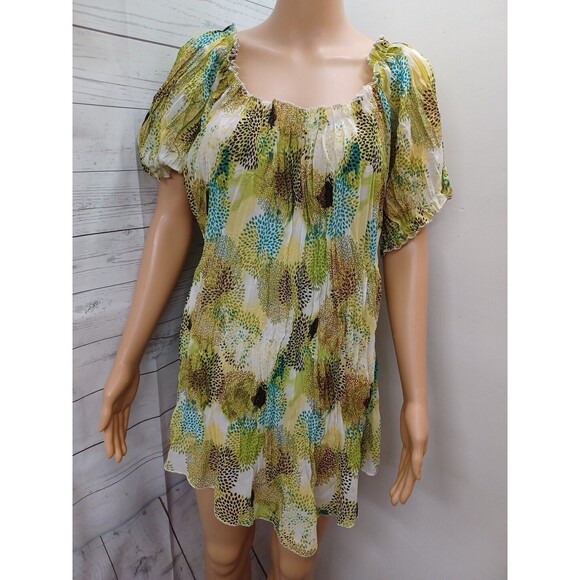 Cato Blouse Pleated Elastic Neck Waist Short Sleeve Green White Black Sz 18/20W - Picture 1 of 10